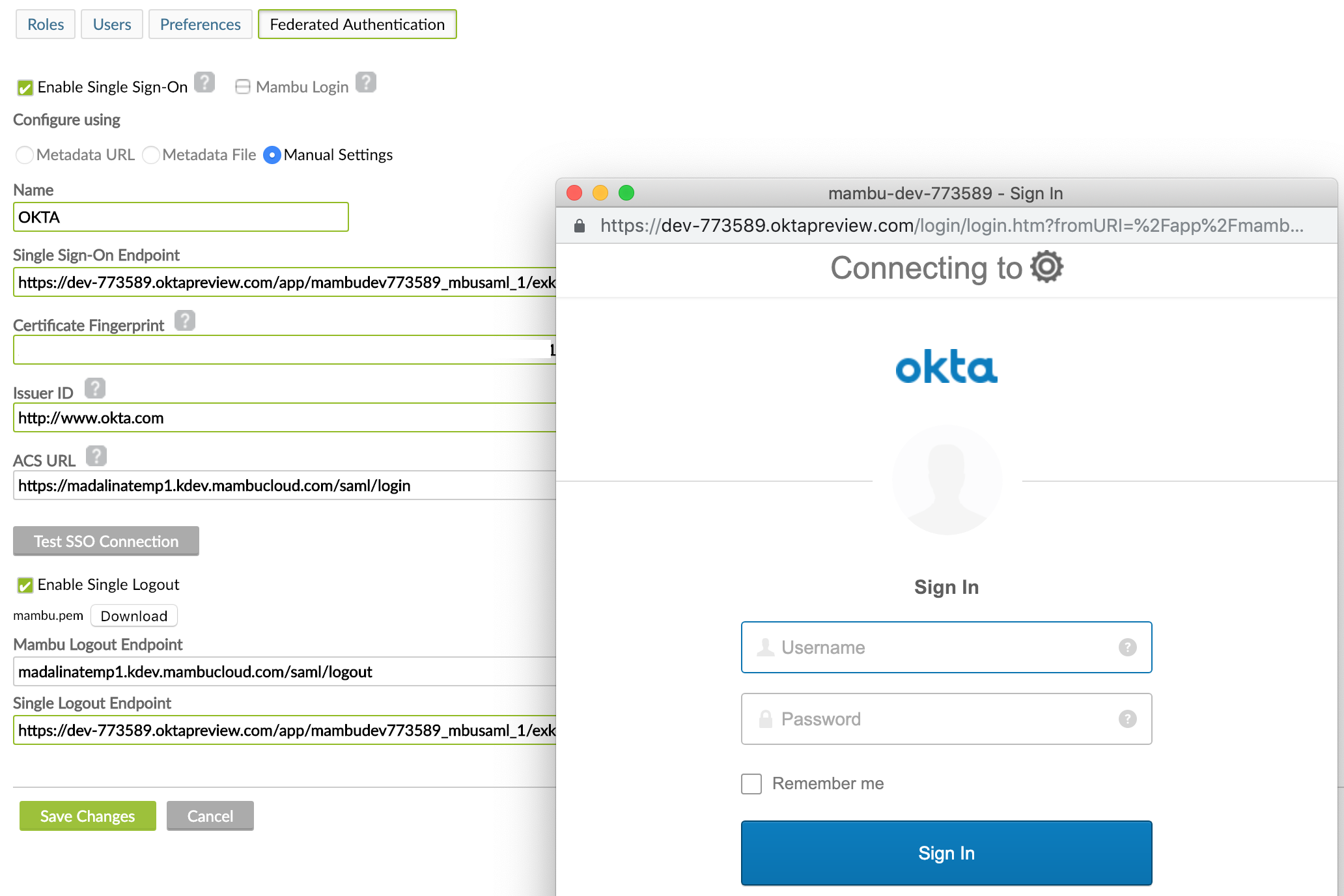 Test connection Okta